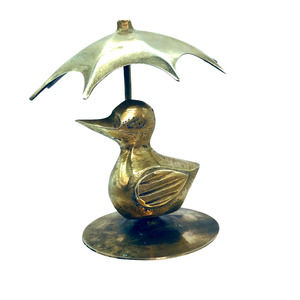 Brass Duckling with Umbrella  Small Charming Vintage 2.5"w x 3.5" h Preowned